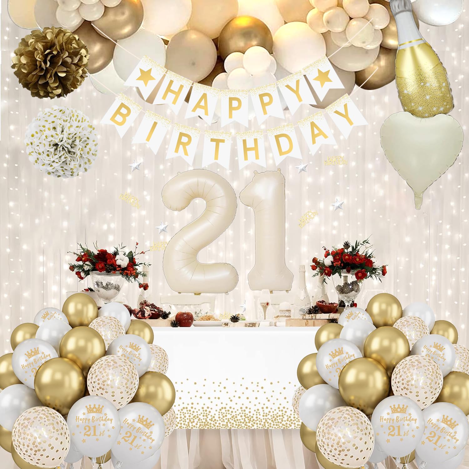 21st Birthday Decorations, White and Gold 21st Birthday Decorations for Her, Happy Birthday Banner Tablecloth Cake Topper Birthday Sash Crown Fringe Curtain Balloons for Girl 21st Birthday Party Decor