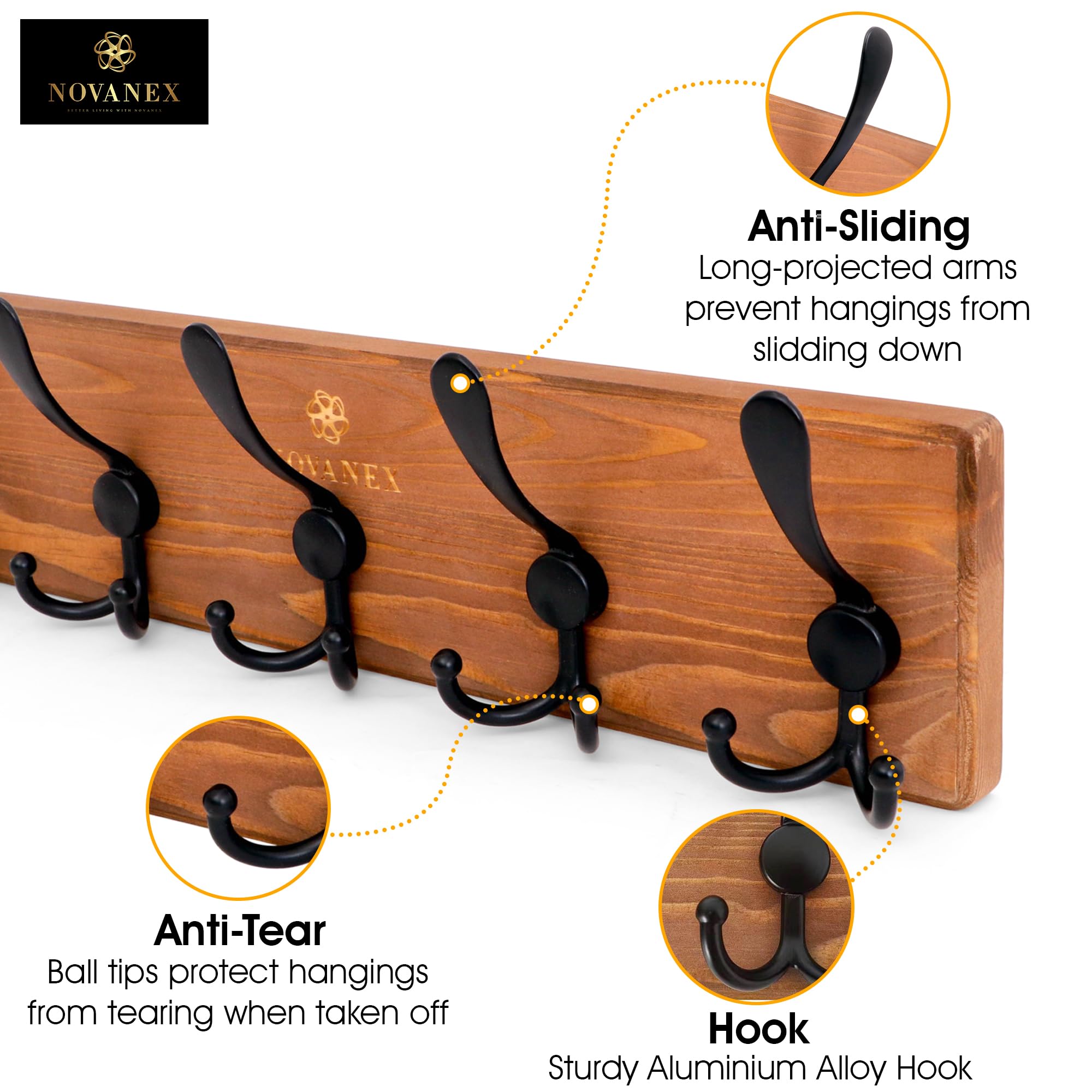 NOVANEX Rustic Wall Mounted Coat Rack: Solid Premium Pine Wood Plank Coat Hanger, 16 inches Hole to Hole, Heavy Duty Vintage Farmhouse Entryway Clothes Hanger with 5 Triple Hooks