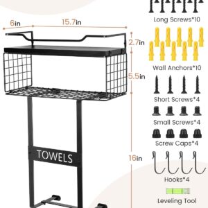 Towel Racks for Bathroom Wall Mounted - Bath Wall Towel Storage Holder Set Above Toilet, Rolled Towel Shelf Organizer for Small Bathroom Black, Wood Vertical Towel Rack for Bathroom Wall Decor