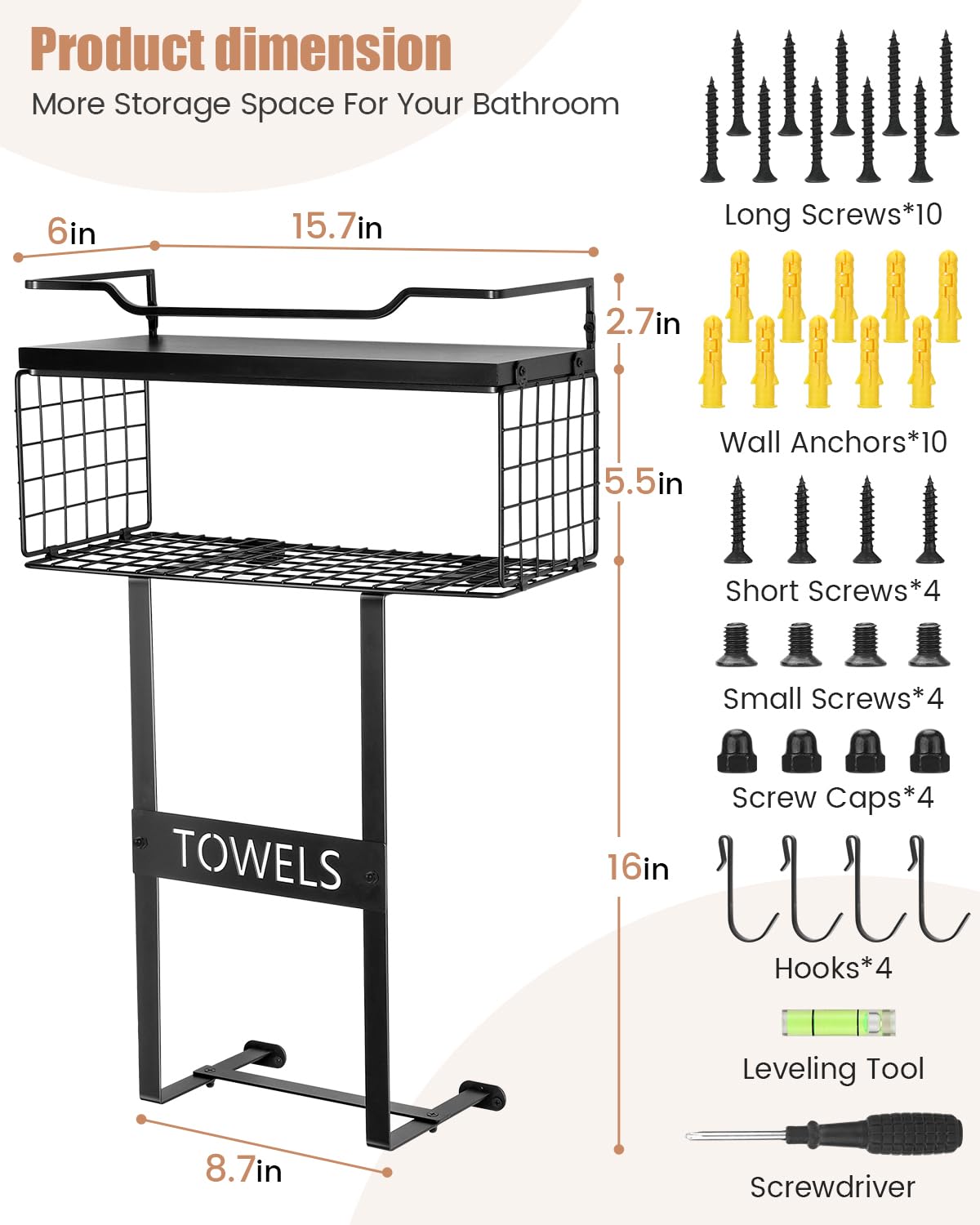 Towel Racks for Bathroom Wall Mounted - Bath Wall Towel Storage Holder Set Above Toilet, Rolled Towel Shelf Organizer for Small Bathroom Black, Wood Vertical Towel Rack for Bathroom Wall Decor