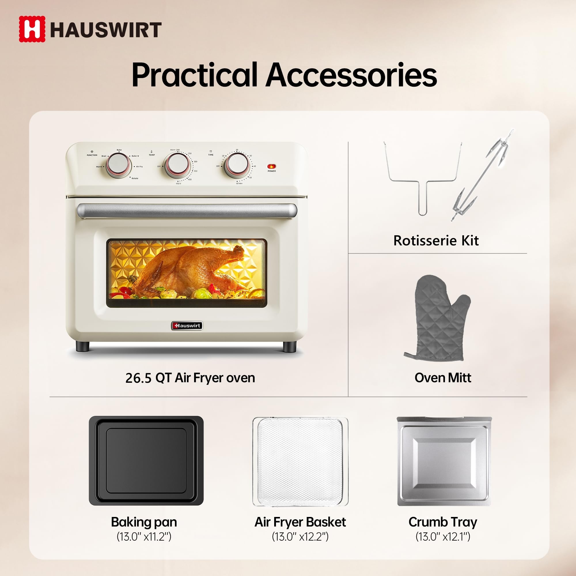 Hauswirt K5M Air Fryer Toaster Oven Combo, Retro XL Large Oven 3-4People, Air Fryer Oven with Rotisserie Kit, 26.5QT 6-slices Toast 12" Pizza, Bake Toast Broil,1600W 190°F-450°F,Non-Stick,Cream White