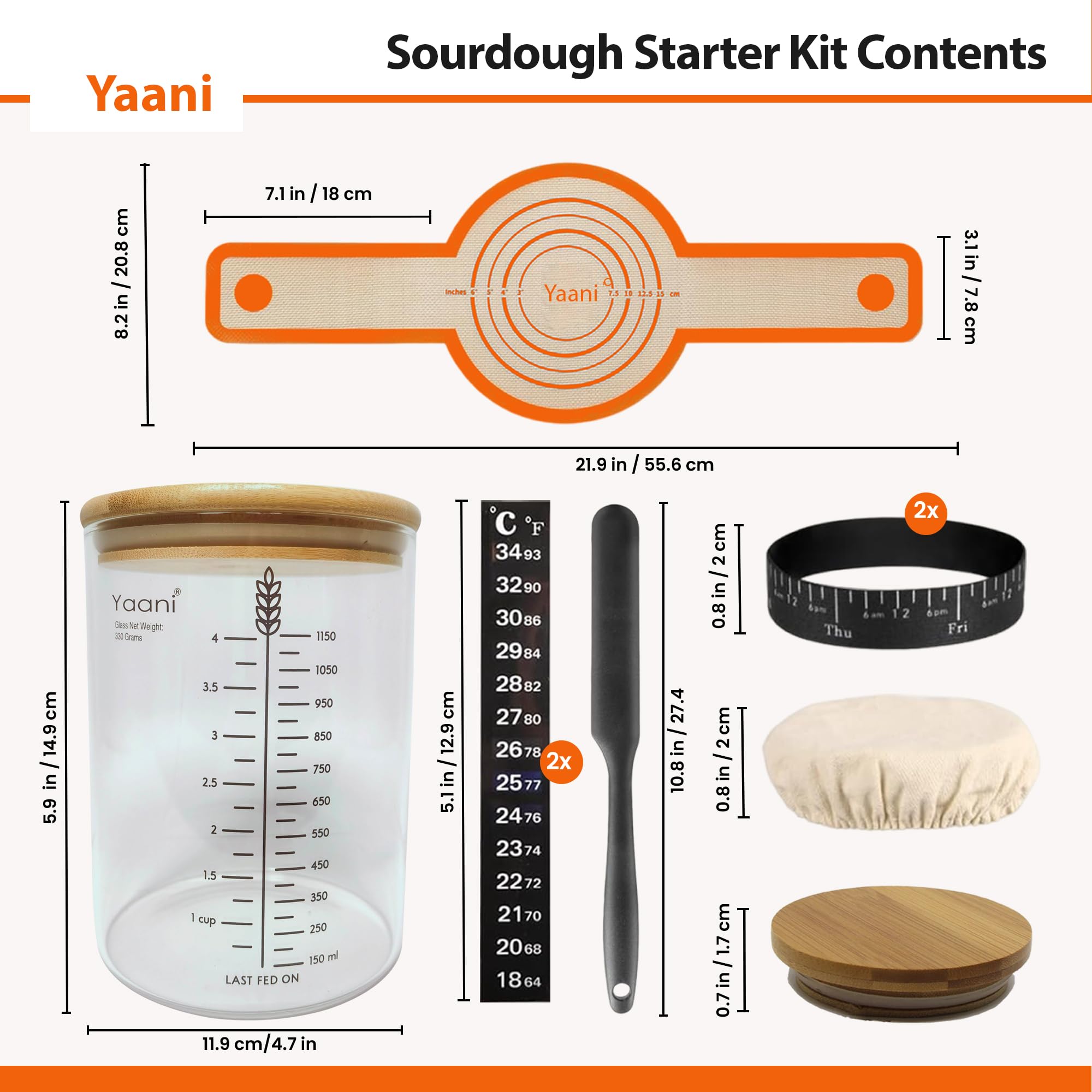 YAANI 51 Oz Wide Mouth Sourdough Starter Jar, Silicone Bread Sling, 1500 ML Sourdough Starter Jar with Date Marked Feeding Band, Thermometer, Mixing Spatula, Sourdough Starter Kit