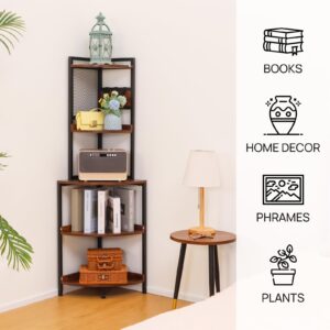 ALBAD 5 Tier Corner Shelf Stand, 59.8 Inch Corner Shelf Stand with Metal Frame, Wood Corner Bookshelf Plant Stand, Ladder Display Shelf for Bathroom, Living Room, Kitchen