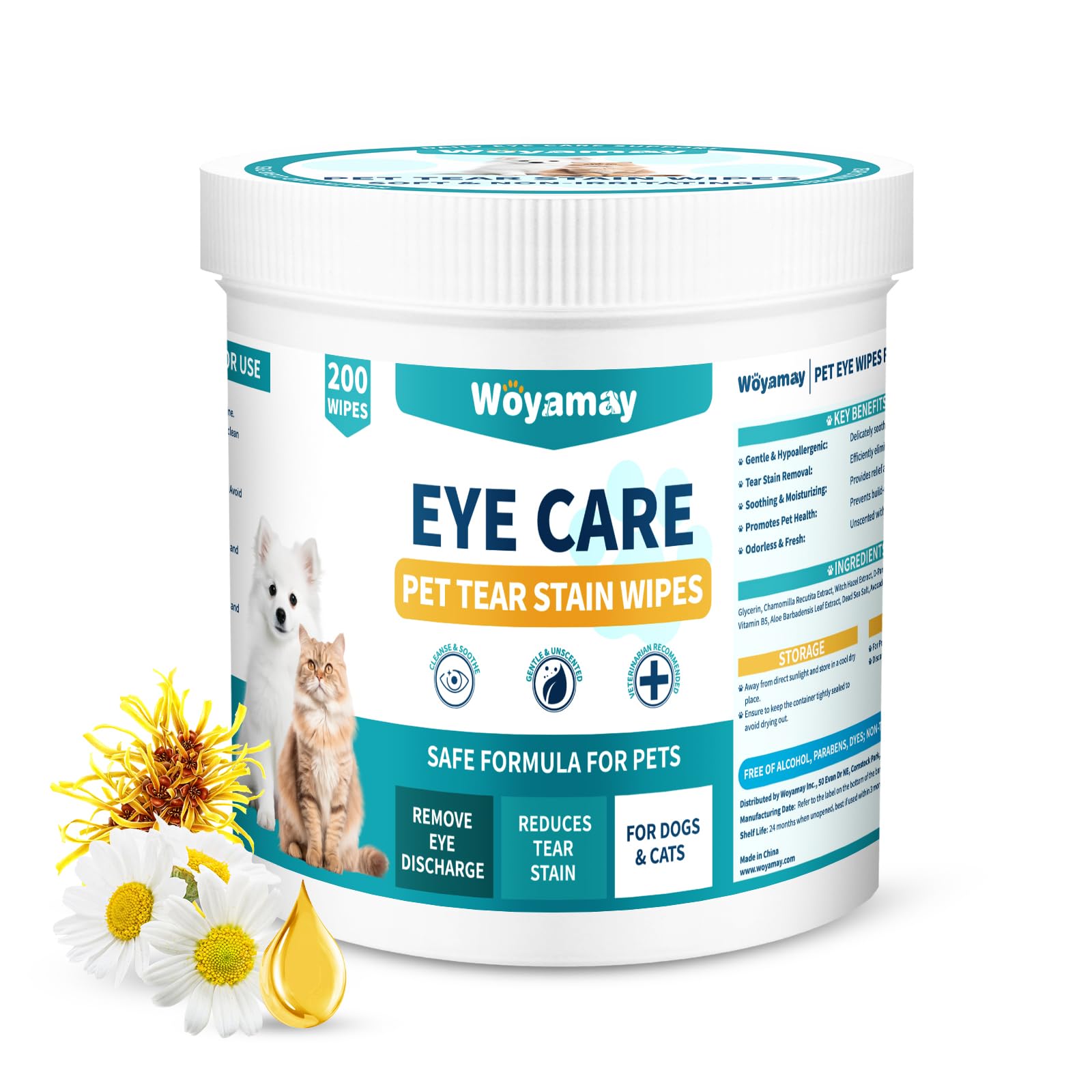 Woyamay Eye Wipes for Dogs & Cats - 200 Count Cat Dog Eye Wipes Tear Stain Remover, Presoaked & Textured Eye & Face Wipes, Extra Large Eye Wipes Gently Remove Eye Debris, Discharge, Mucus Secretions