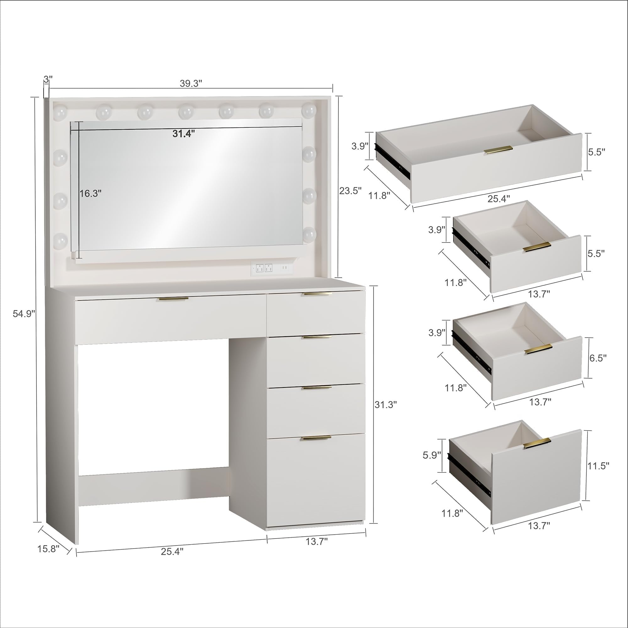 ALEXNUTRE Makeup Vanity Desk with Large Mirror and 13 LED Lights, 39.3in Vanity Table with Power Outlet & 5 Drawers, 3 Lighting Color Adjustable, Vanity Desk for Bedroom and Dressing Room, White