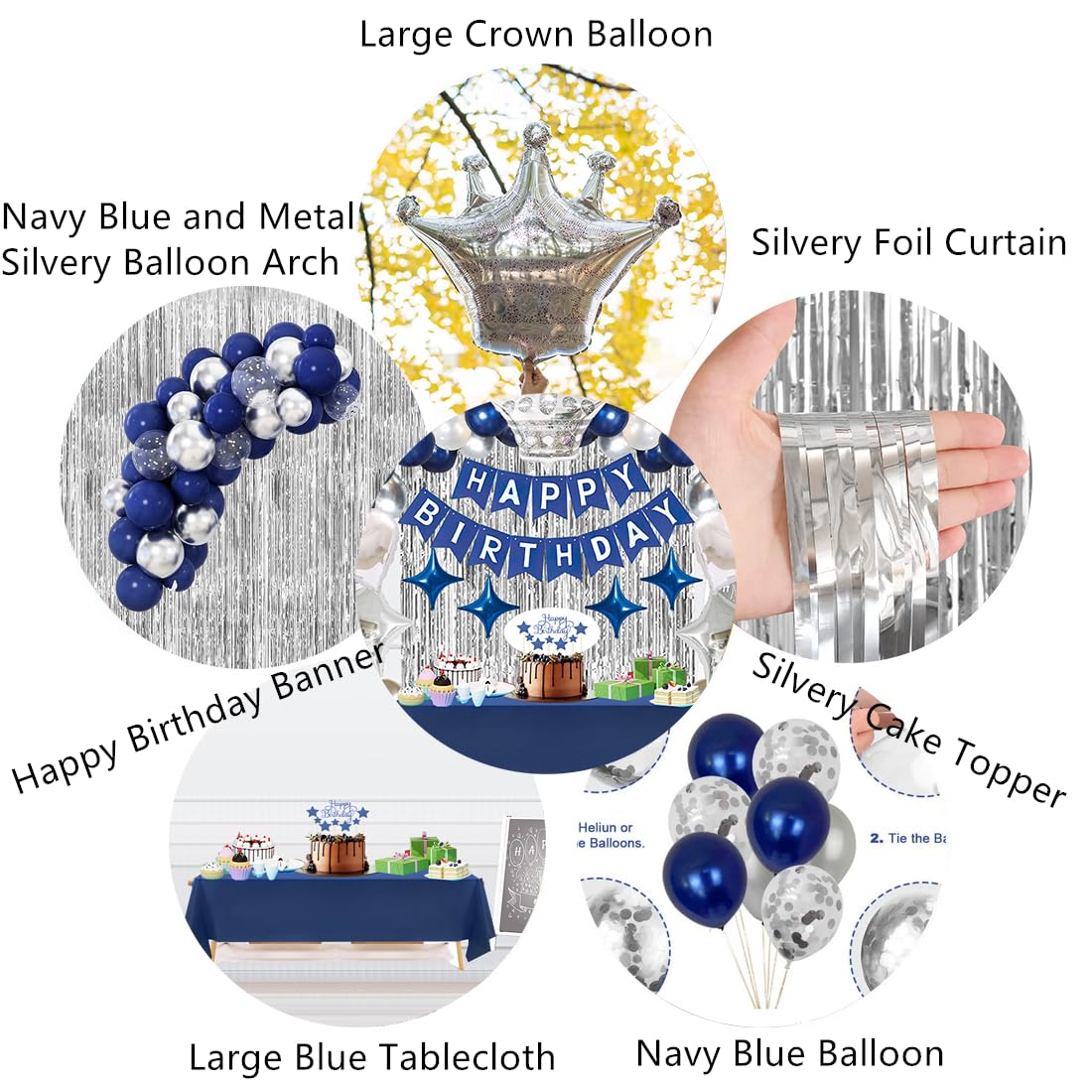 Navy Blue Happy Birthday Party Decorations Set for Men Boys Women Girls, Banner, Crown Balloon, Fringe Curtains, Cake Topper，tablecloth for 16th 18th 21st 25th 30th 40th 50th Party Supplies