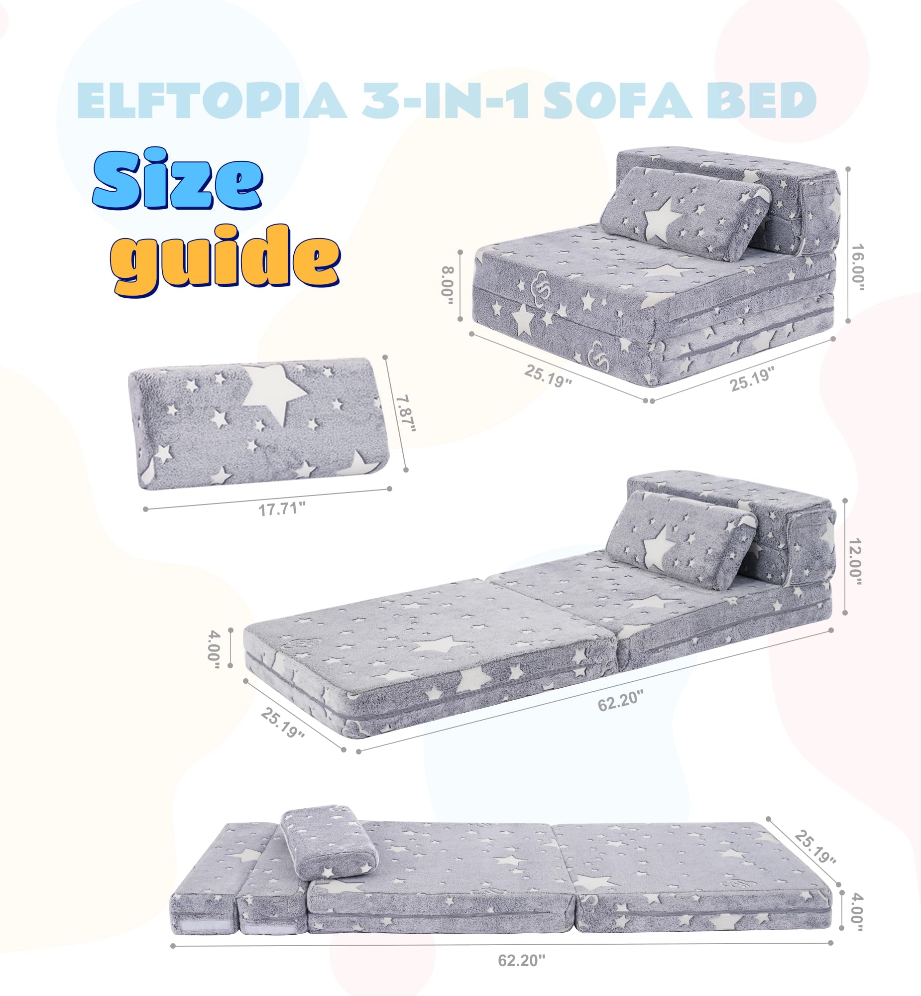 Elftopia 3-in-1 Folding Sofa Bed for Kids,Tri Folding Floor Toddler’s Mattress Fold up Sofa Bed,Child Foldable Futon Mattress,Folding Couch for Kids,Glow in Dark-Stars