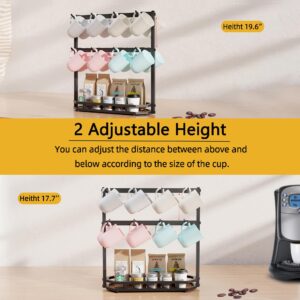 Ronjnndc Coffee Mug Holder with Movable Hooks,16 Capacity Coffee Cup Holder for Countertop, Metal Mug Tree Holder Rack with Storage Base,Home Storage Mug Organizer adjustable Heights (Black)