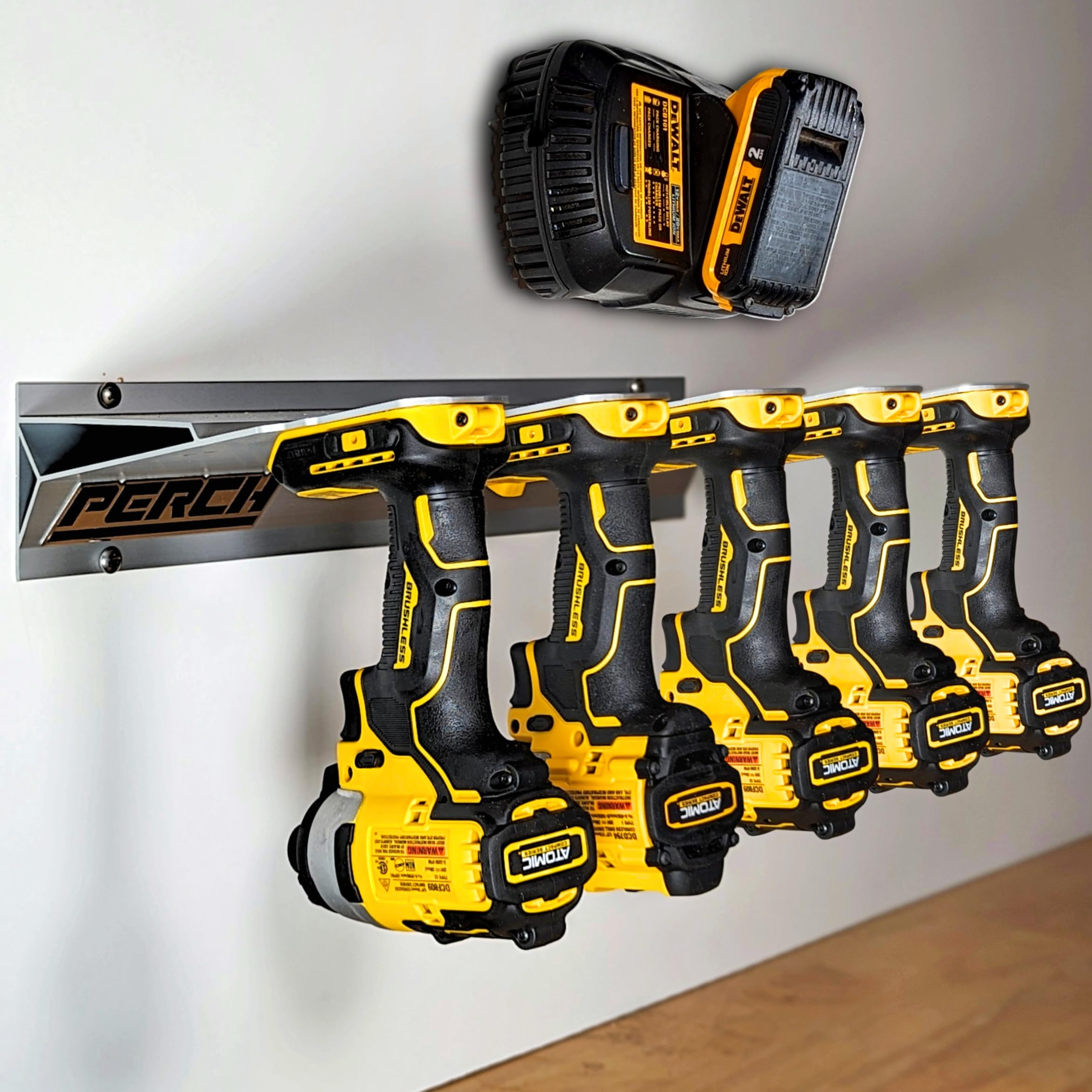 PERCH Tool Holder Rack for Dewalt 20v - 60v | Securely Mounts 5 Cordless Tools | Universal Mounting | Most Durable Cordless Tool Organizer