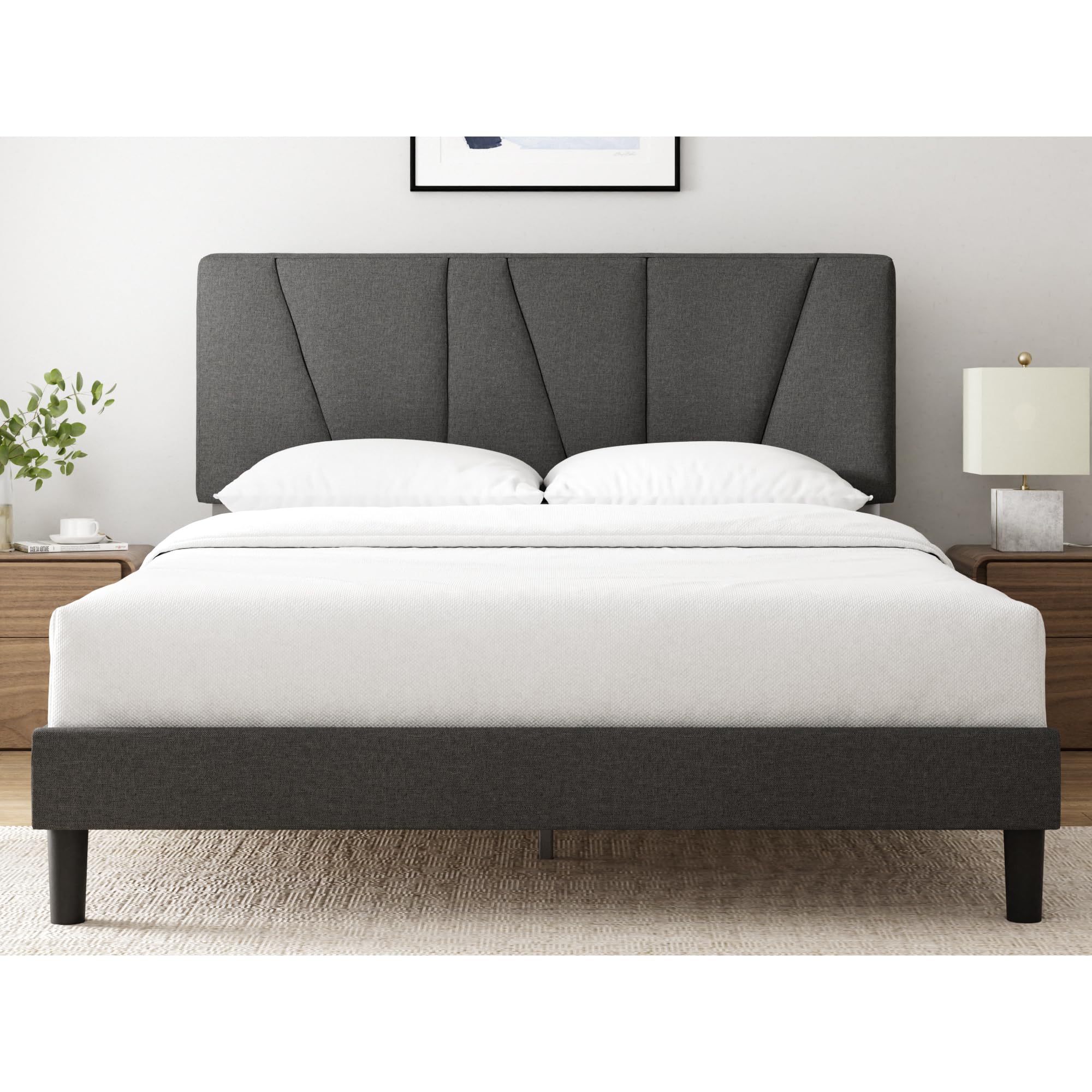 Zinus Queen Maya Upholstered Bed Frame with Asymmetric Headboard, Durable Wooden Slats, Sturdy Framework, Noise Free Sleep, No Box Spring Needed, Easy Assembly, Eco Friendly Packaging, Dark Grey