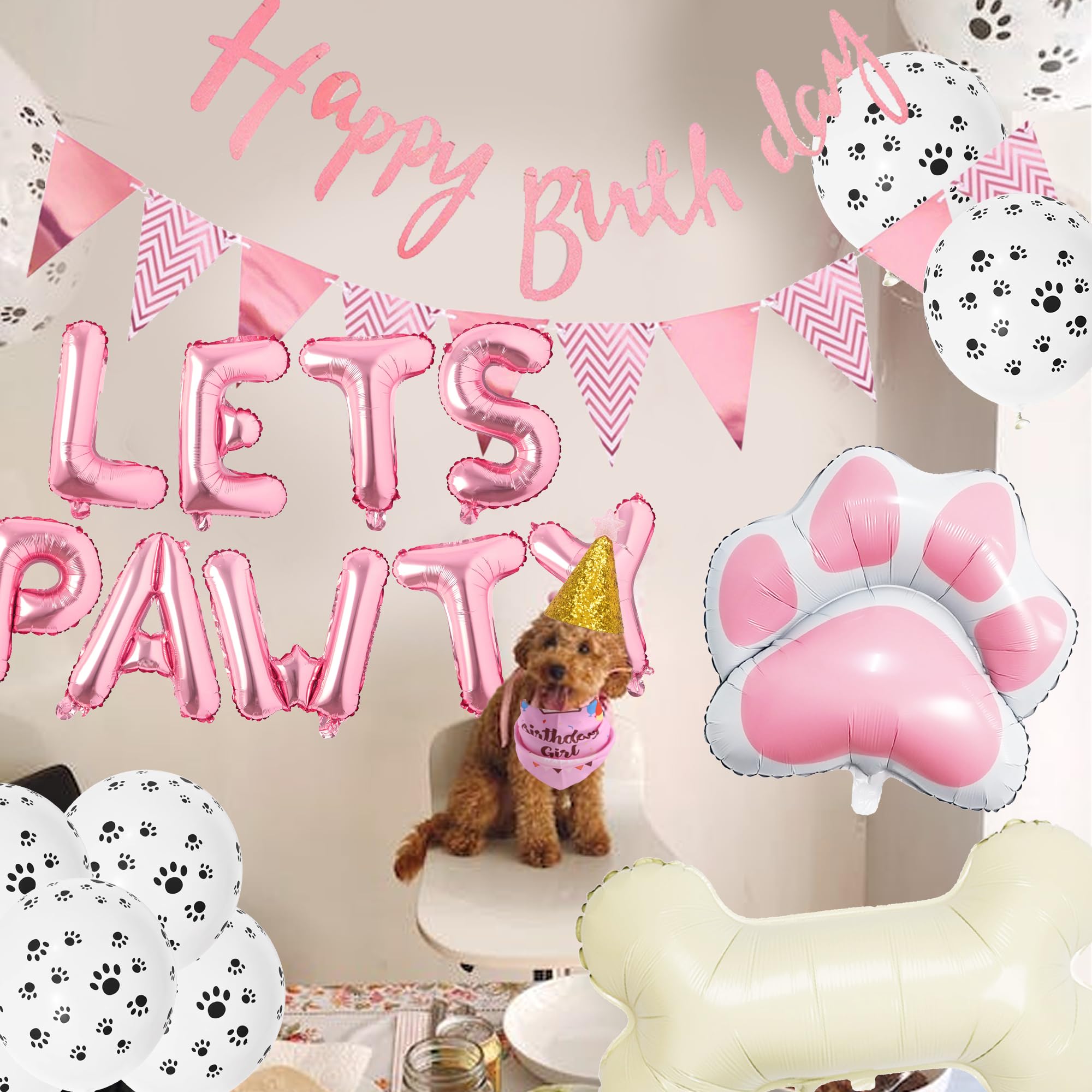 Dog Birthday Decorations Girls - Dog Party Decorations Cute Dog Girl Birthday Bandana Hats Happy Birthday Banner Pennant Pink Dog Paw Bone Foil Balloons for Pet Puppy Party Supplies