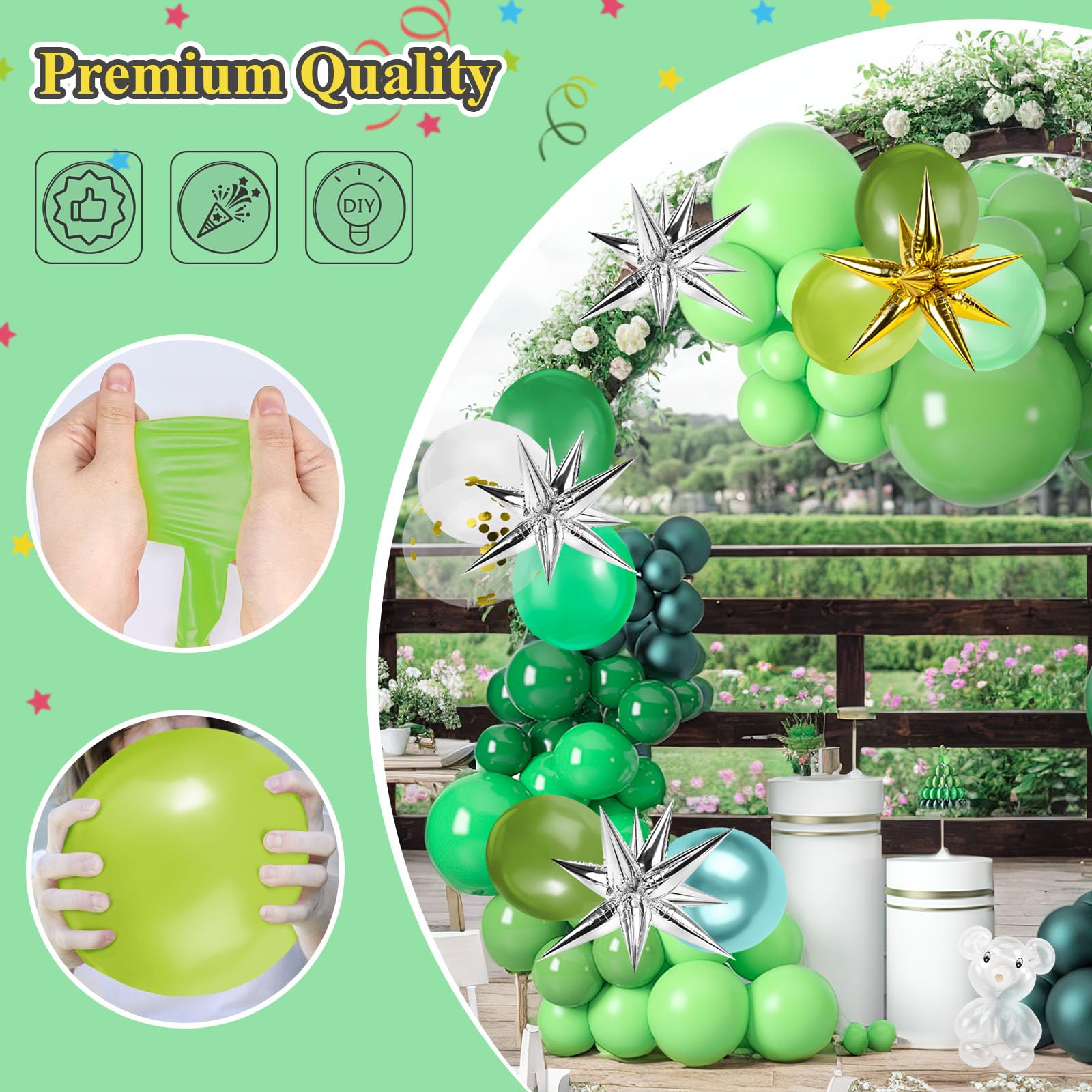 MCPINKY Green Balloons 12 Inches, 110PCS Light Green Large Latex Balloons with Ribbon for Birthday Baby Shower Christmas Green Jungle Forest Themed Party Decorations