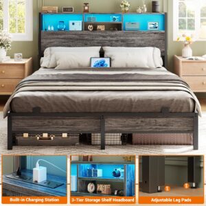 Aheaplus Headboard for Queen Size Bed with Storage, Headboards with Outlets, USB Ports and LED Light, Queen Size Head Board Only, Height Adjustable, Reversible, Sturdy and Stable Headboard, Black Oak