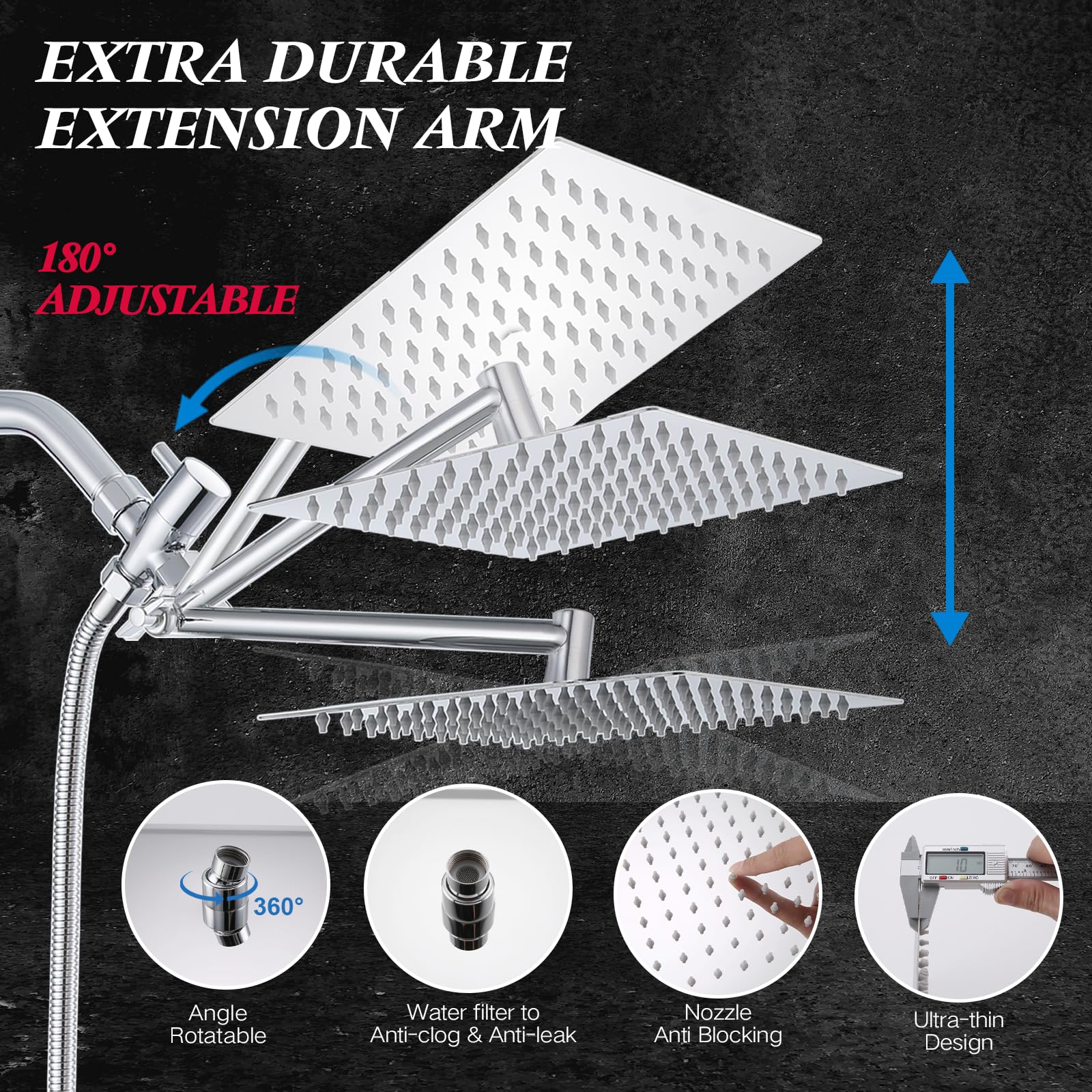 Shower Head,8”Rain Shower Head with Handheld Spray Combo with 11'' Angle Adjustable Extension Arm/Flow Regulator/Shower System,High Pressure Rainfall Shower Head Clean Bathroom, Silver