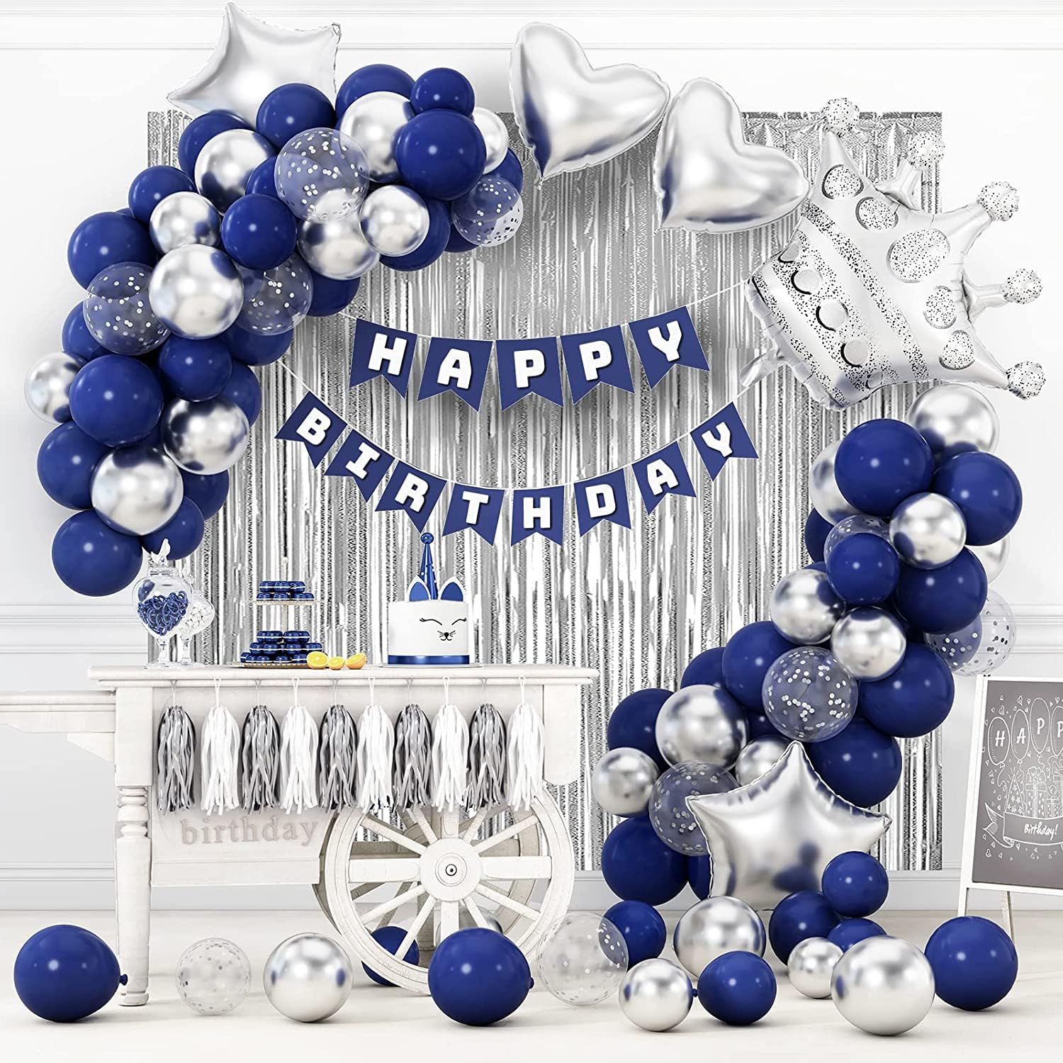 Navy Blue Happy Birthday Party Decorations Set for Men Boys Women Girls, Banner, Crown Balloon, Fringe Curtains, Cake Topper，tablecloth for 16th 18th 21st 25th 30th 40th 50th Party Supplies