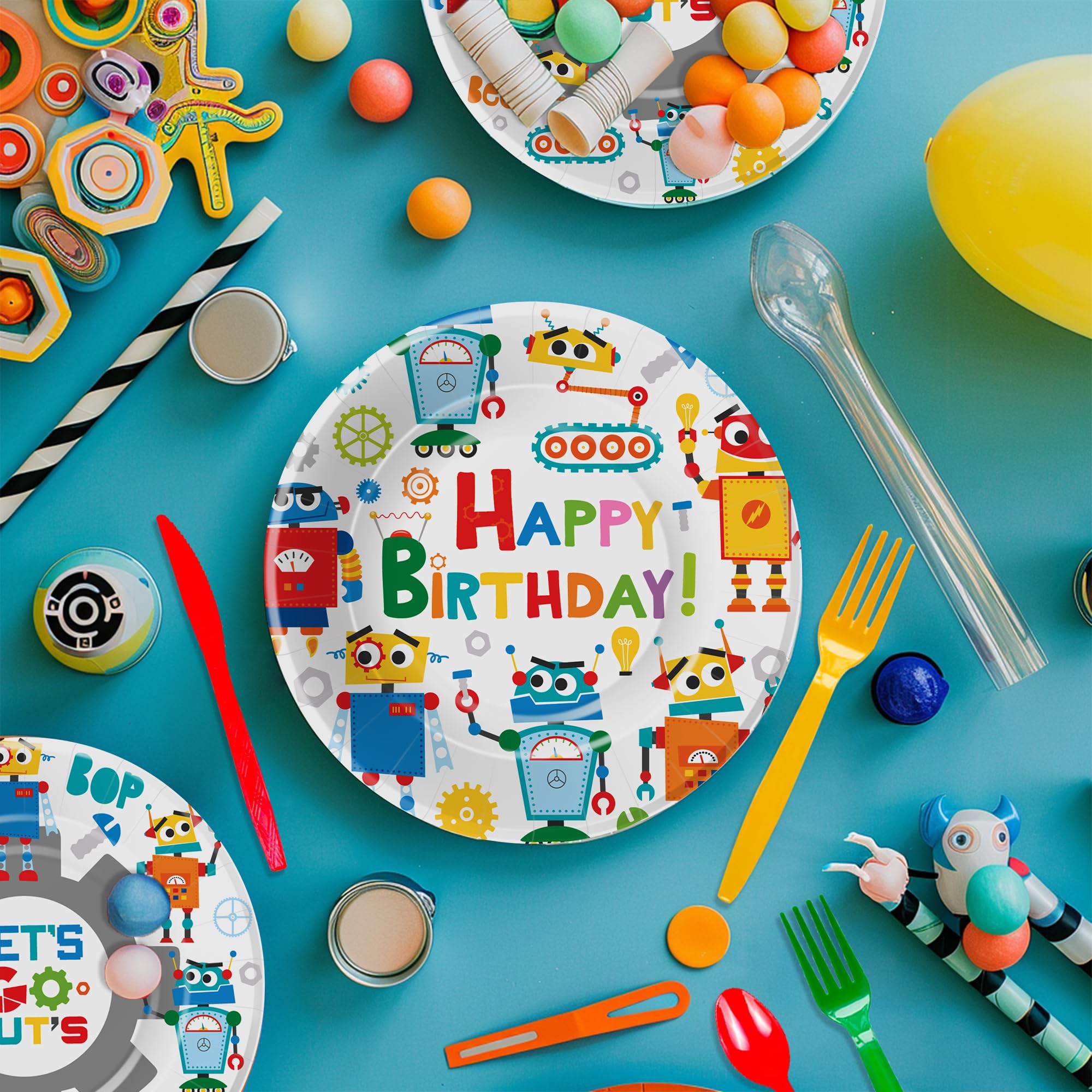 YJRJSC Robot Birthday Party Supplies, Robot Party Decorations Tableware, Paper Plate, Cup, Napkin, Tablecloth, Disposable Cutlery, Robot Let's Go Nuts Theme Birthday Baby Shower Decorations | Serve 24