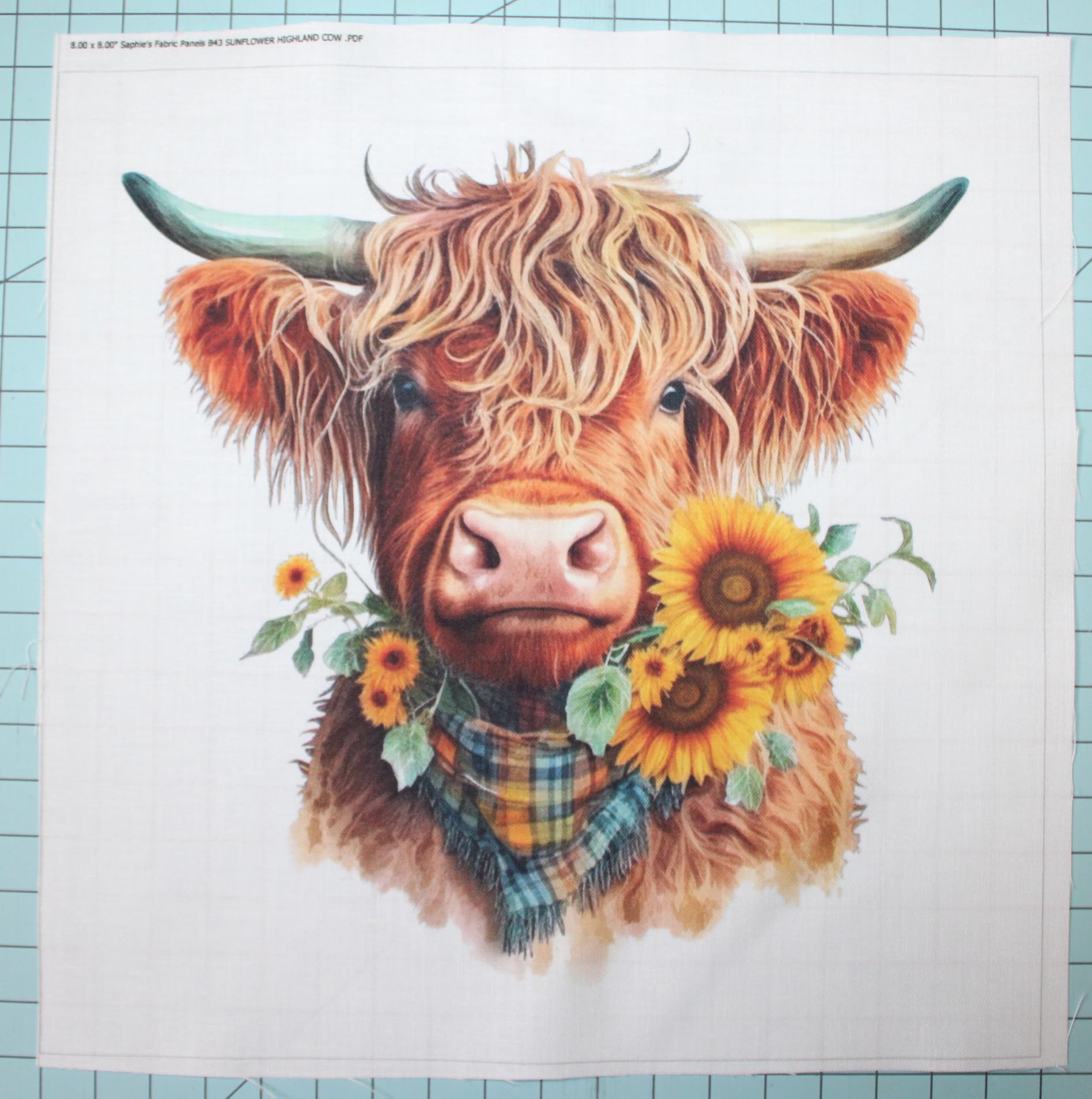 Fabric Panel 8"x8" Sunflower Highland Cow 100% Cotton Quilting Panel Square B43