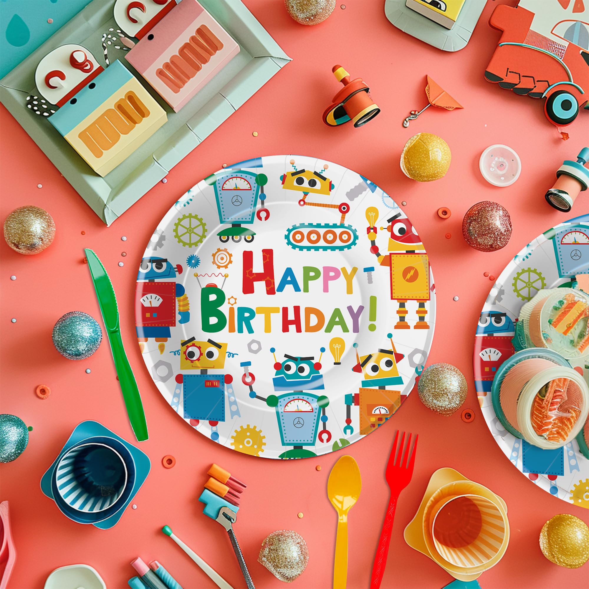 YJRJSC Robot Birthday Party Supplies, Robot Party Decorations Tableware, Paper Plate, Cup, Napkin, Tablecloth, Disposable Cutlery, Robot Let's Go Nuts Theme Birthday Baby Shower Decorations | Serve 24