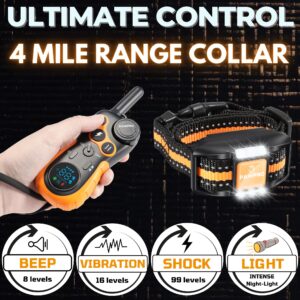 Dog Shock Collar with Remote, Unmatched 4-Mile Range, Night-Light Mode, Training Guide Included, 124 Training Levels & 4 Modes, Beep Vibration Shock, Waterproof Rechargeable, Fits All Dogs, US Tech