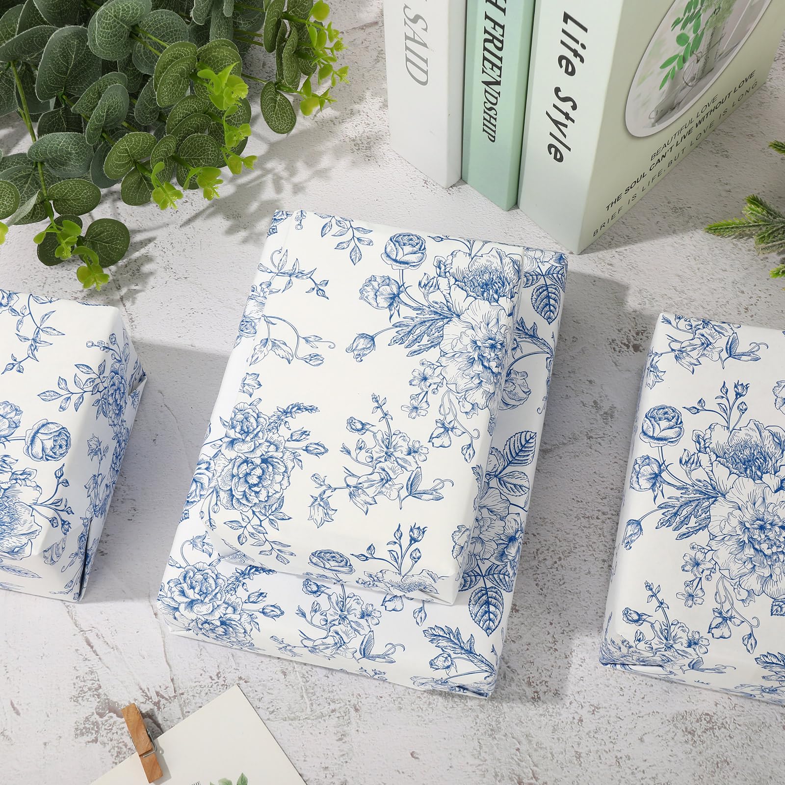 JarThenaAMCS Floral Wrapping Paper Mini Roll 17in x 32.8Ft Blue White Flowers Gift Wrap Paper Chinoiserie Paper for Birthday Wedding Baby Shower Holiday Party Wrapping Supplies