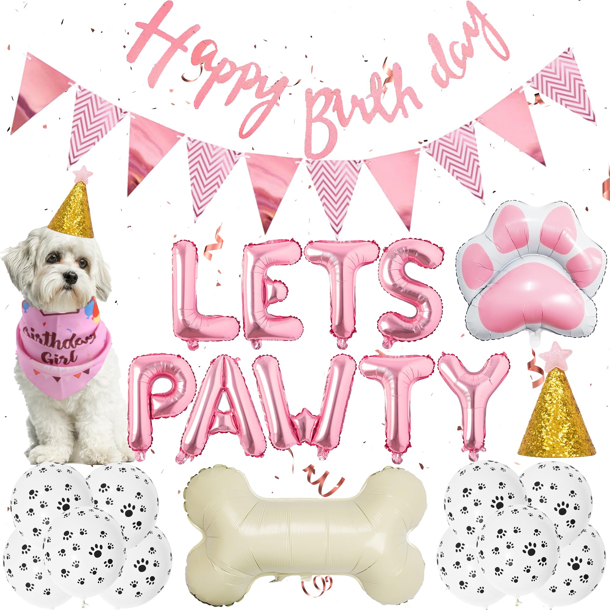 Dog Birthday Decorations Girls - Dog Party Decorations Cute Dog Girl Birthday Bandana Hats Happy Birthday Banner Pennant Pink Dog Paw Bone Foil Balloons for Pet Puppy Party Supplies