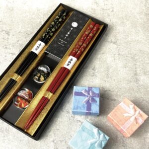 Premium Japanese Chopsticks Reusable with Chopsticks Rest Set of 2 Pairs[ Made in Japan ] Traditional Lacquer Art Wooden Chopsticks (Gold Flower BK/RD(MK018))