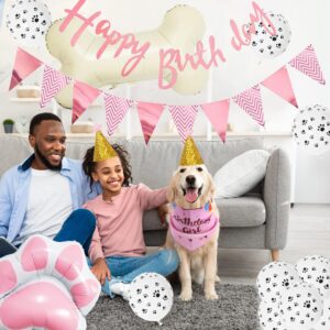 Dog Birthday Decorations Girls - Dog Party Decorations Cute Dog Girl Birthday Bandana Hats Happy Birthday Banner Pennant Pink Dog Paw Bone Foil Balloons for Pet Puppy Party Supplies