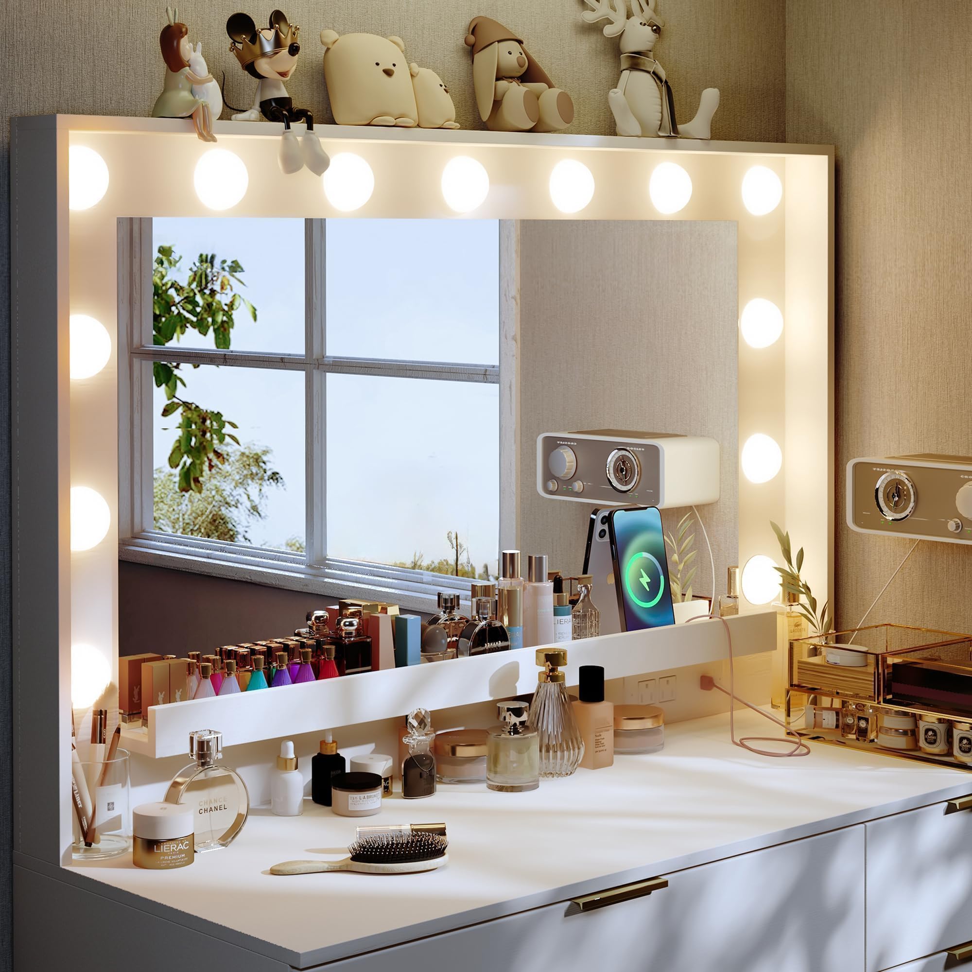 ALEXNUTRE Makeup Vanity Desk with Large Mirror and 13 LED Lights, 39.3in Vanity Table with Power Outlet & 5 Drawers, 3 Lighting Color Adjustable, Vanity Desk for Bedroom and Dressing Room, White