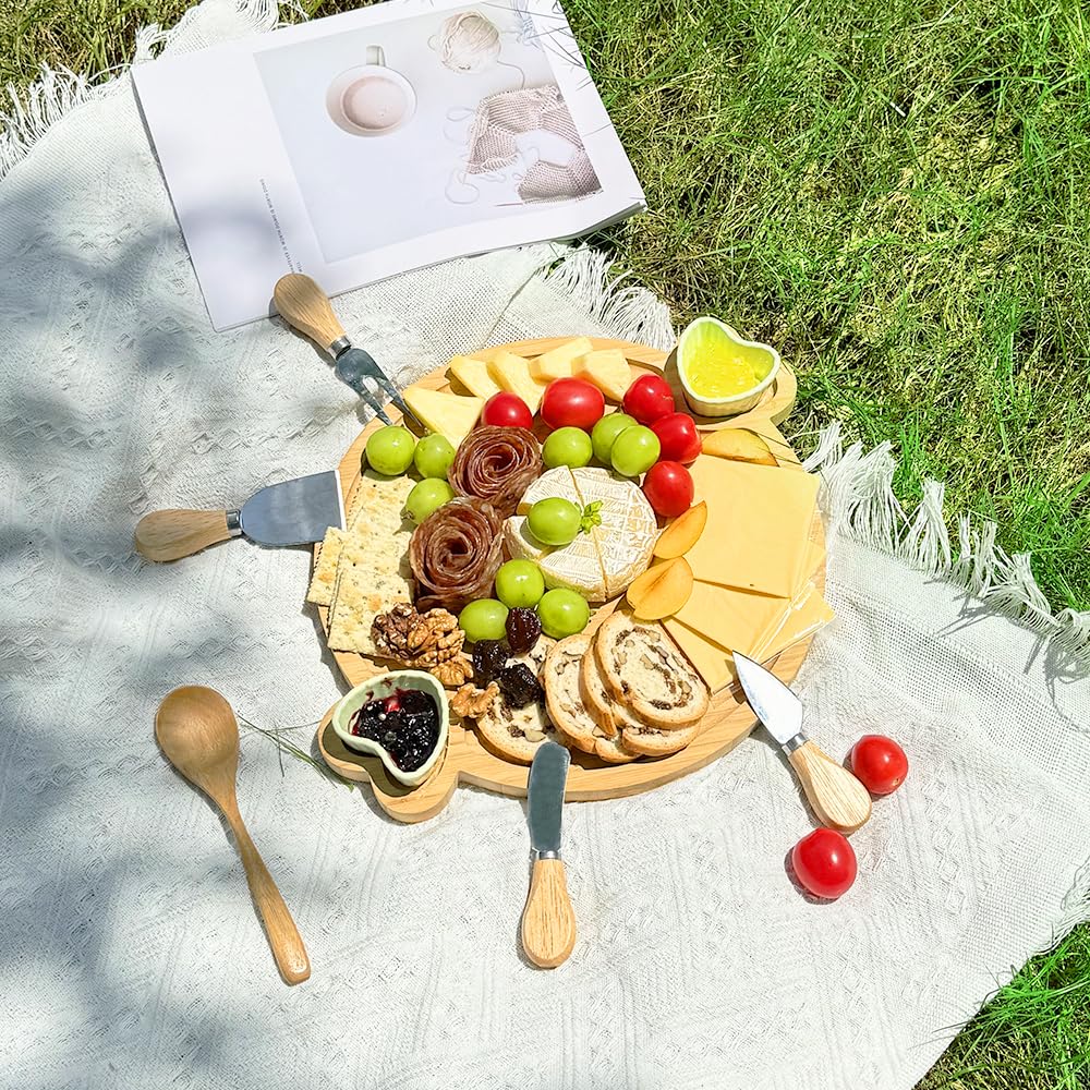 Hongsane Charcuterie Boards Gift Set,Bamboo Cheese Board,12 Inch Large Round Charcuterie Board,House Warming Gift for New Home,Wedding Gift Cheese Tray Platter with 2 Ceramic Bowls and 4 Knives