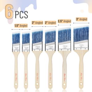 Bates- Paint Brushes, 6 Pack, 1.5", 2", 2.5", 3", Angle Brushes, Treated Wood Handle, Paint Brushes for Walls, Stain Brush, Wall Paint Brushes, Furniture Paint Brushes for Painting Walls