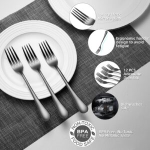 ITITT 12 Piece Dinner Forks, 8 Inch, Top Food Grade Extra-Fine Stainless Steel Silverware Forks，Silverware Set, Dishwasher Safe （Black)