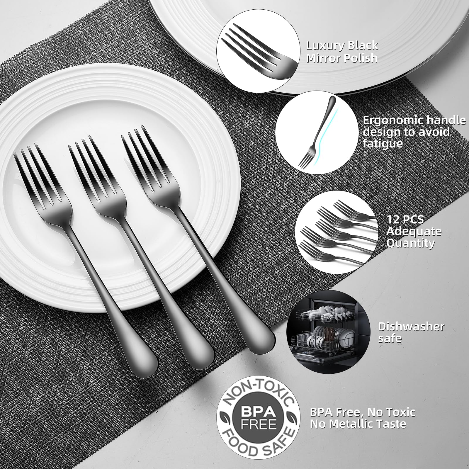 ITITT 12 Piece Dinner Forks, 8 Inch, Top Food Grade Extra-Fine Stainless Steel Silverware Forks，Silverware Set, Dishwasher Safe （Black)