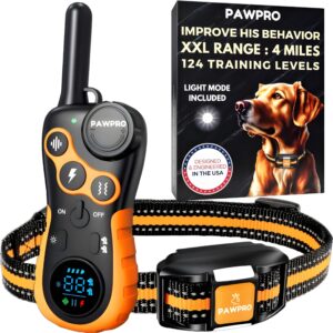 dog shock collar with remote, unmatched 4-mile range, night-light mode, training guide included, 124 training levels & 4 modes, beep vibration shock, waterproof rechargeable, fits all dogs, us tech