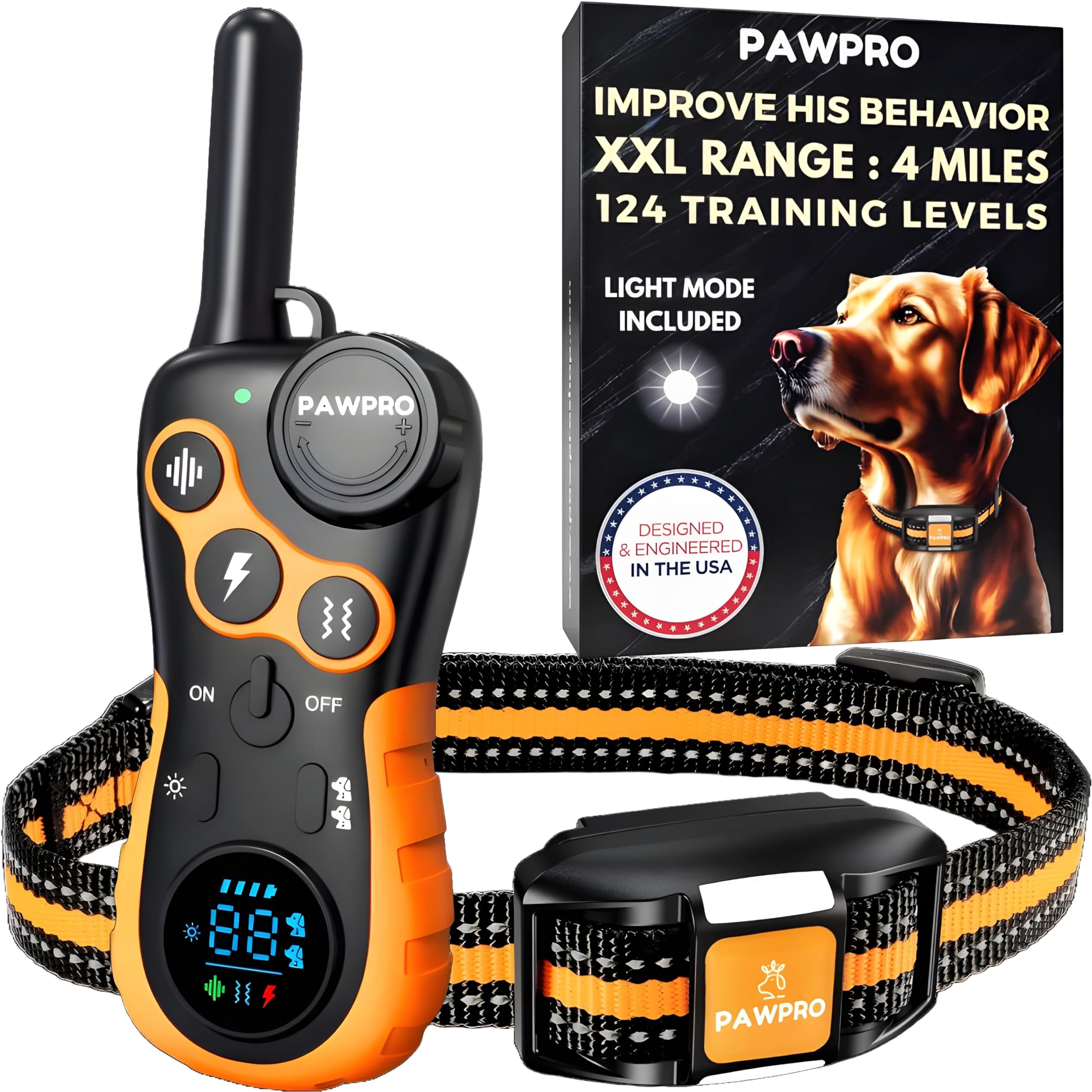 Dog Shock Collar with Remote, Unmatched 4-Mile Range, Night-Light Mode, Training Guide Included, 124 Training Levels & 4 Modes, Beep Vibration Shock, Waterproof Rechargeable, Fits All Dogs, US Tech