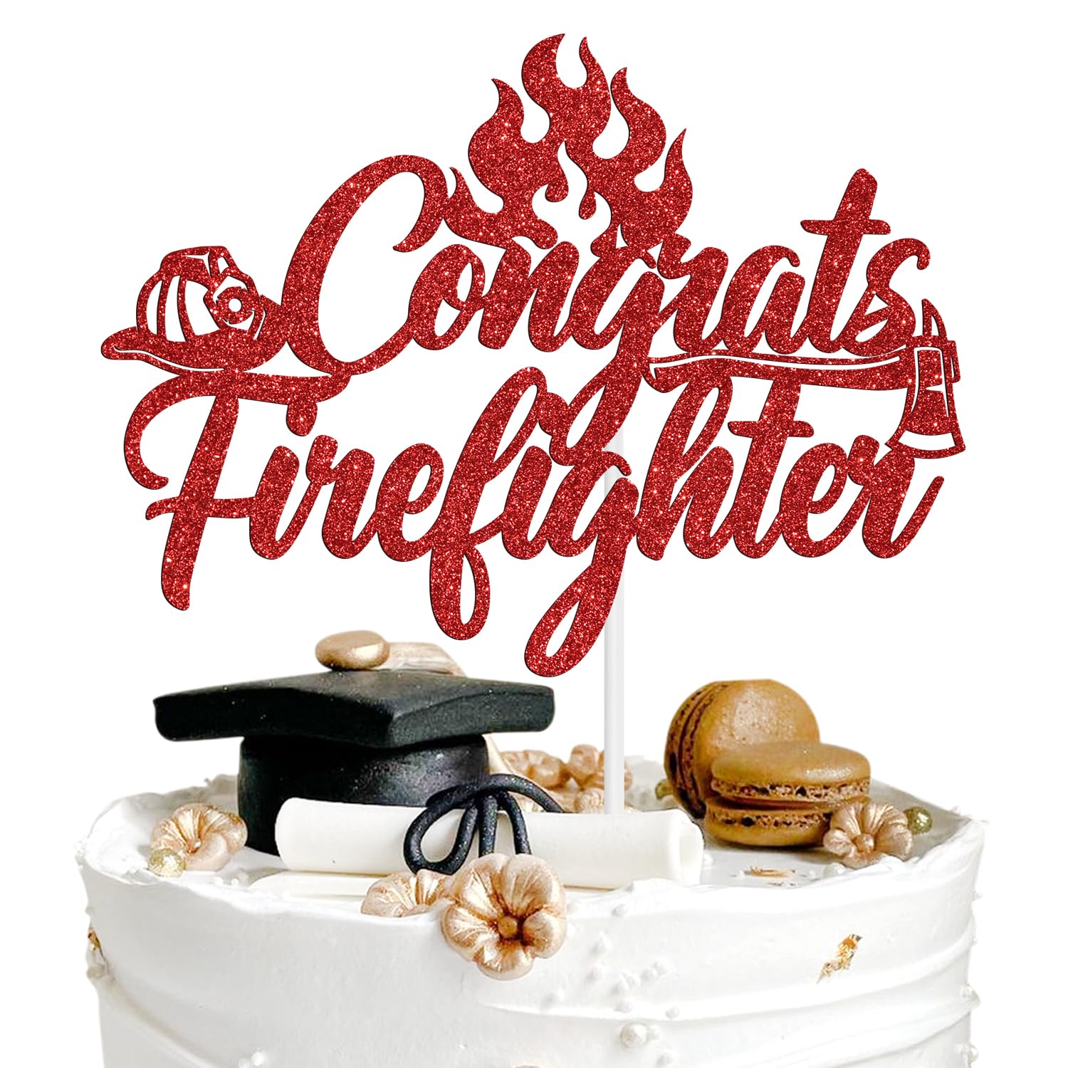 Congrats Firefighter Cake Topper, Congrats Firefighter Cake Topper, Congratulations Future Fireman, Fire Academy Graduation Party Decoration Supplies, Red Glitter