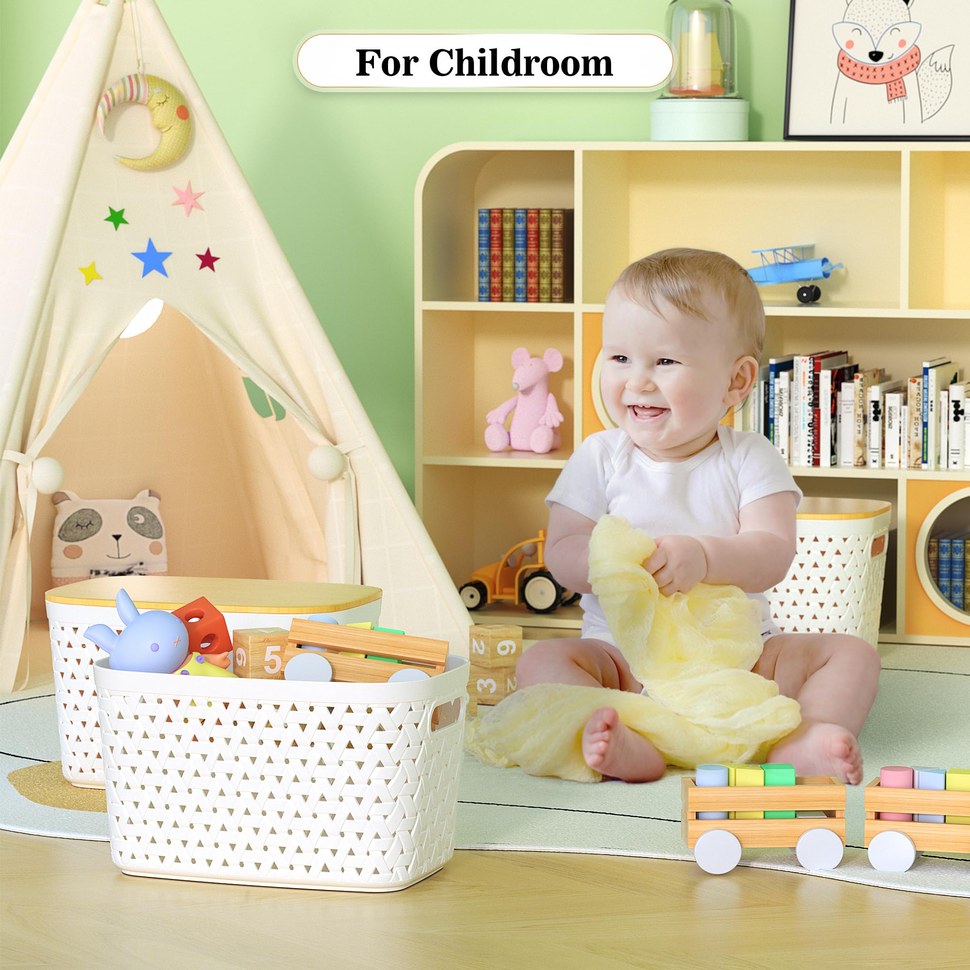 Plastic Storage Bins with Bamboo Lids Set of 4 - Pantry Organization and Storage Containers Storage Baskets - Stackable Storage Bins for Shelves Drawers Desktop Closet Playroom Classroom Office