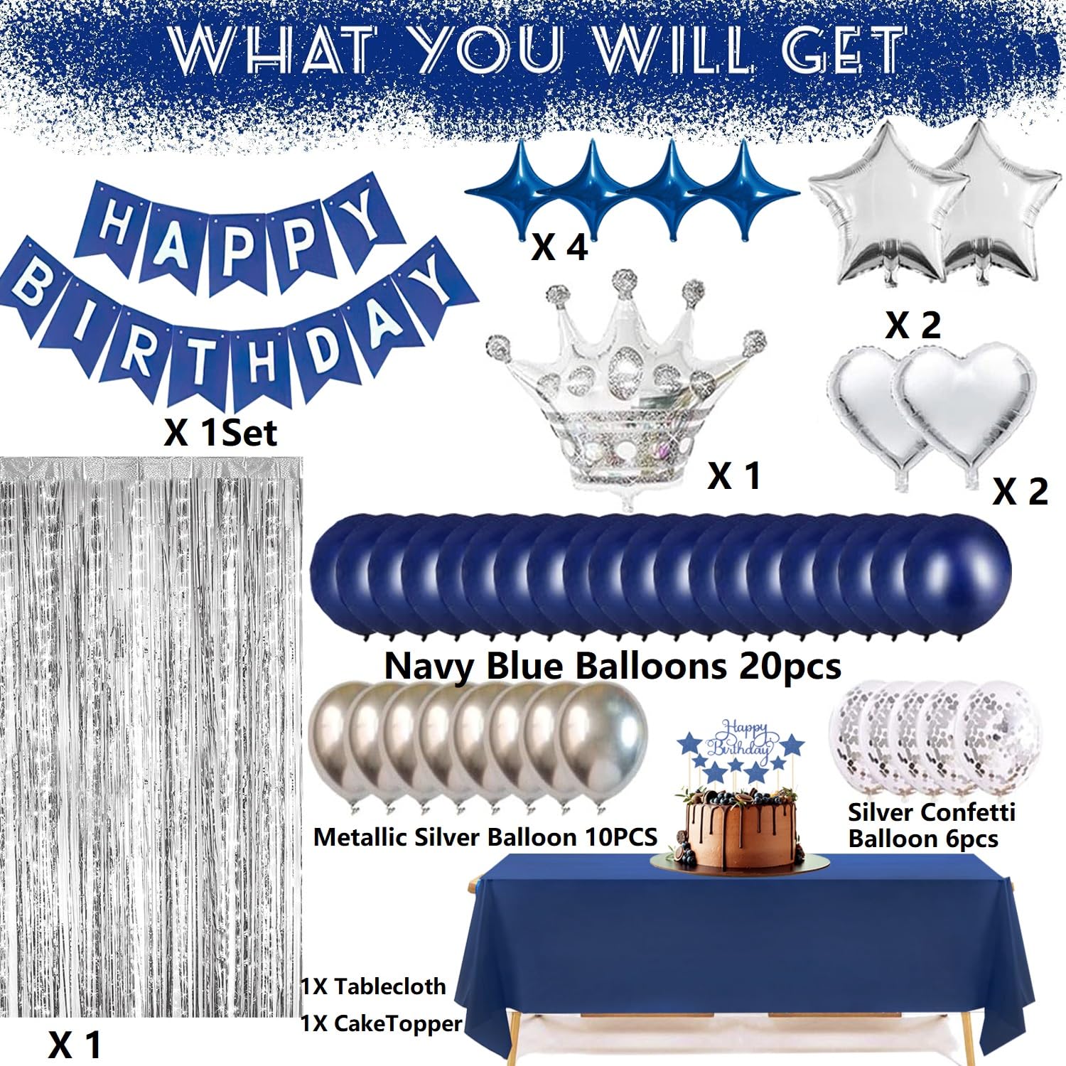 Navy Blue Happy Birthday Party Decorations Set for Men Boys Women Girls, Banner, Crown Balloon, Fringe Curtains, Cake Topper，tablecloth for 16th 18th 21st 25th 30th 40th 50th Party Supplies