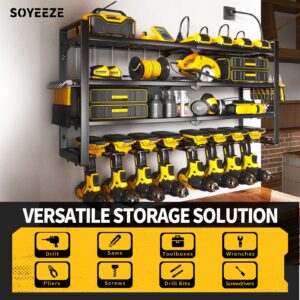 SOYEEZE Power Tool Organizer with Charging Station and 8 Outlets Power Strips,8 Drill Holders 4 Layer Garage Storage Wall Mount,Premium Utility Tool Rack & Shelf, Husband gifts