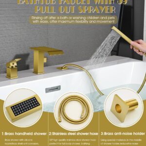 Modern Roman Tub Faucet with Hand Shower, Deck Mount Tub Filler Bathtub Faucet with Sprayer, Single Handle Bathtub Faucet Set, Widespread 3 Hole Bathtub Faucet (Brushed gold-Wide Spout)