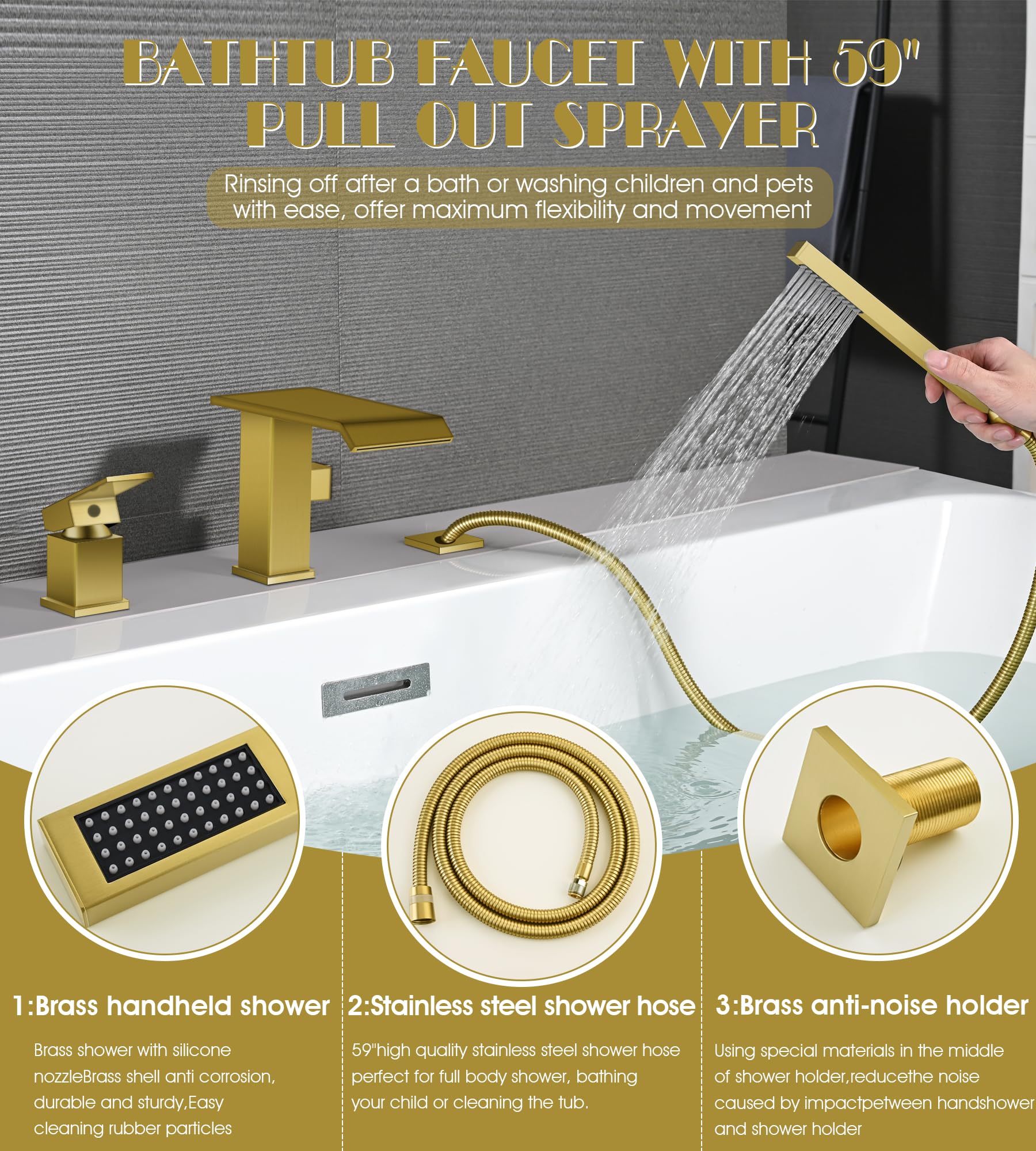 Modern Roman Tub Faucet with Hand Shower, Deck Mount Tub Filler Bathtub Faucet with Sprayer, Single Handle Bathtub Faucet Set, Widespread 3 Hole Bathtub Faucet (Brushed gold-Wide Spout)