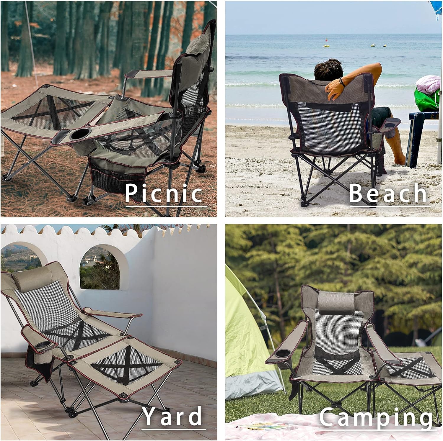 YDY+YQY Camping Lounge Chair,Portable Lounge Chair with Cup Holder and Pillow,Adjustable Chaise Lawn Chair with Footrest for Outdoor Indoor Office Beach Camp Picnic (Grey)