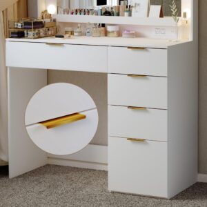 ALEXNUTRE Makeup Vanity Desk with Large Mirror and 13 LED Lights, 39.3in Vanity Table with Power Outlet & 5 Drawers, 3 Lighting Color Adjustable, Vanity Desk for Bedroom and Dressing Room, White