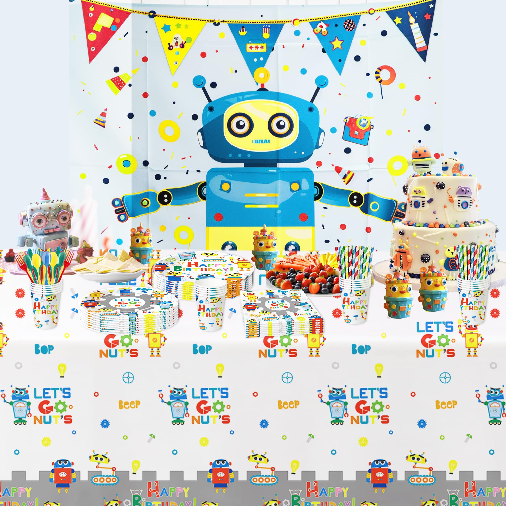 YJRJSC Robot Birthday Party Supplies, Robot Party Decorations Tableware, Paper Plate, Cup, Napkin, Tablecloth, Disposable Cutlery, Robot Let's Go Nuts Theme Birthday Baby Shower Decorations | Serve 24