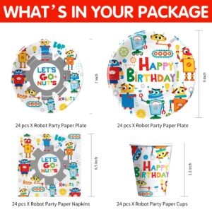 YJRJSC Robot Birthday Party Supplies, Robot Party Decorations Tableware, Paper Plate, Cup, Napkin, Tablecloth, Disposable Cutlery, Robot Let's Go Nuts Theme Birthday Baby Shower Decorations | Serve 24