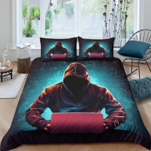 evmila mystery hacker for teens and adults 3d print computer quilt cover duvet cover comforter covers soft microfiber with pillow cases with zipper closure bedding set 3 pieces twin（173x218cm）