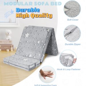 Elftopia 3-in-1 Folding Sofa Bed for Kids,Tri Folding Floor Toddler’s Mattress Fold up Sofa Bed,Child Foldable Futon Mattress,Folding Couch for Kids,Glow in Dark-Stars