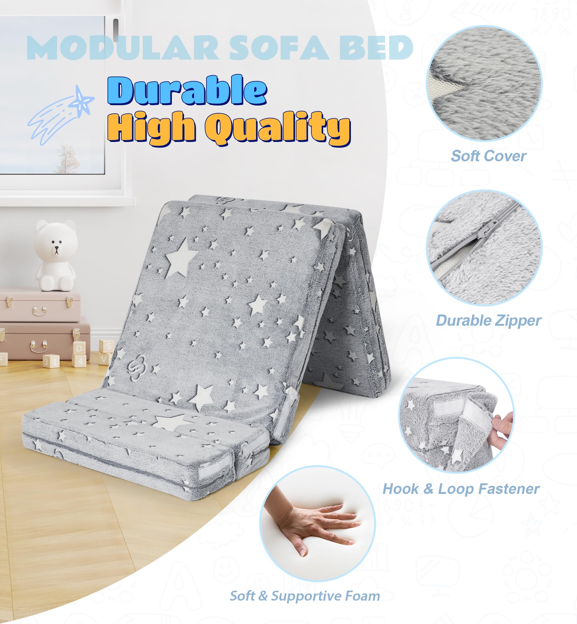 Elftopia 3-in-1 Folding Sofa Bed for Kids,Tri Folding Floor Toddler’s Mattress Fold up Sofa Bed,Child Foldable Futon Mattress,Folding Couch for Kids,Glow in Dark-Stars