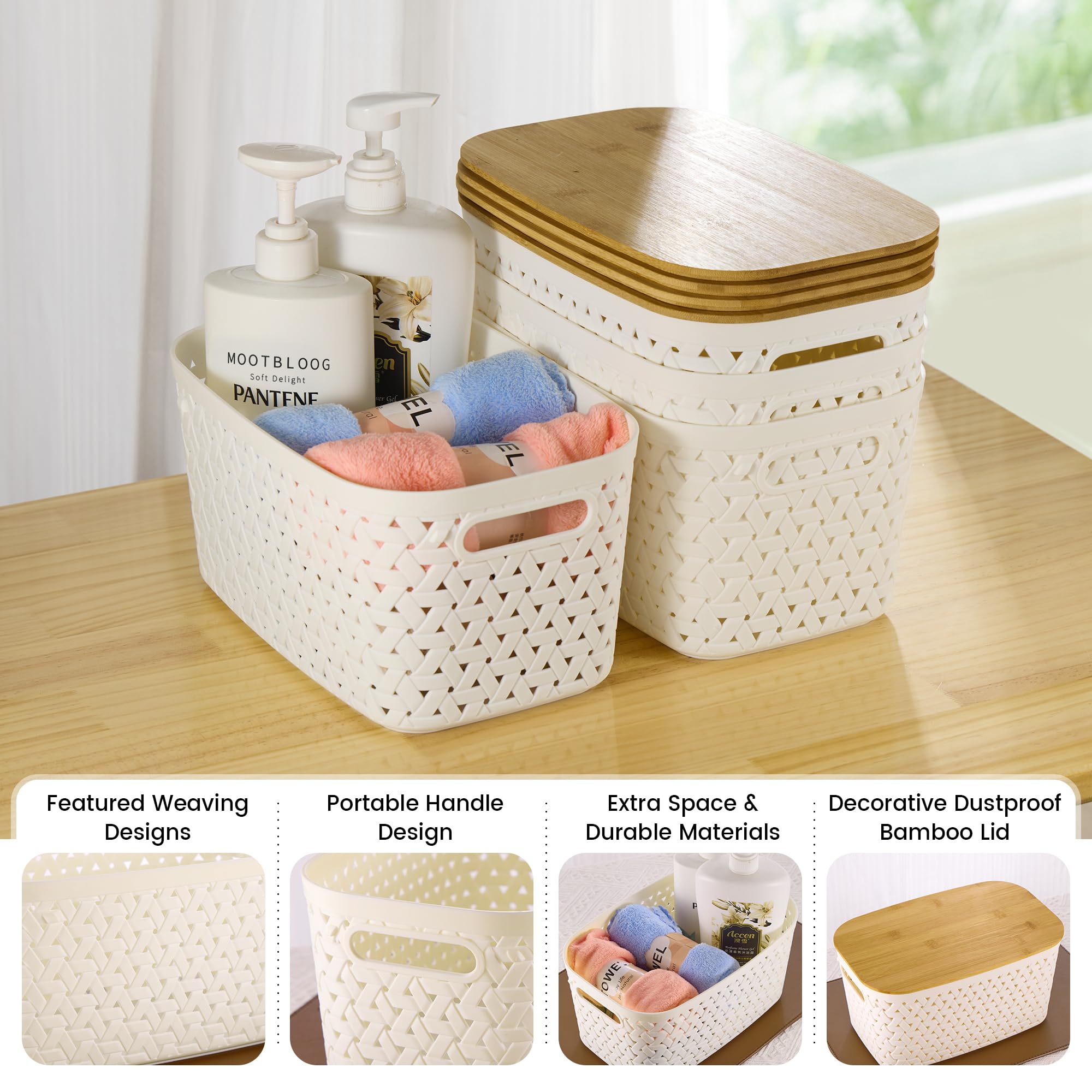 Plastic Storage Bins with Bamboo Lids Set of 4 - Pantry Organization and Storage Containers Storage Baskets - Stackable Storage Bins for Shelves Drawers Desktop Closet Playroom Classroom Office