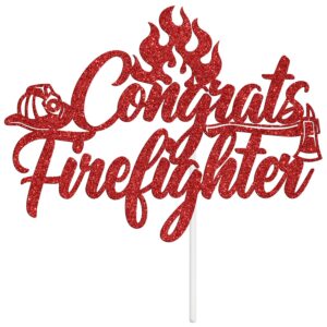 Congrats Firefighter Cake Topper, Congrats Firefighter Cake Topper, Congratulations Future Fireman, Fire Academy Graduation Party Decoration Supplies, Red Glitter