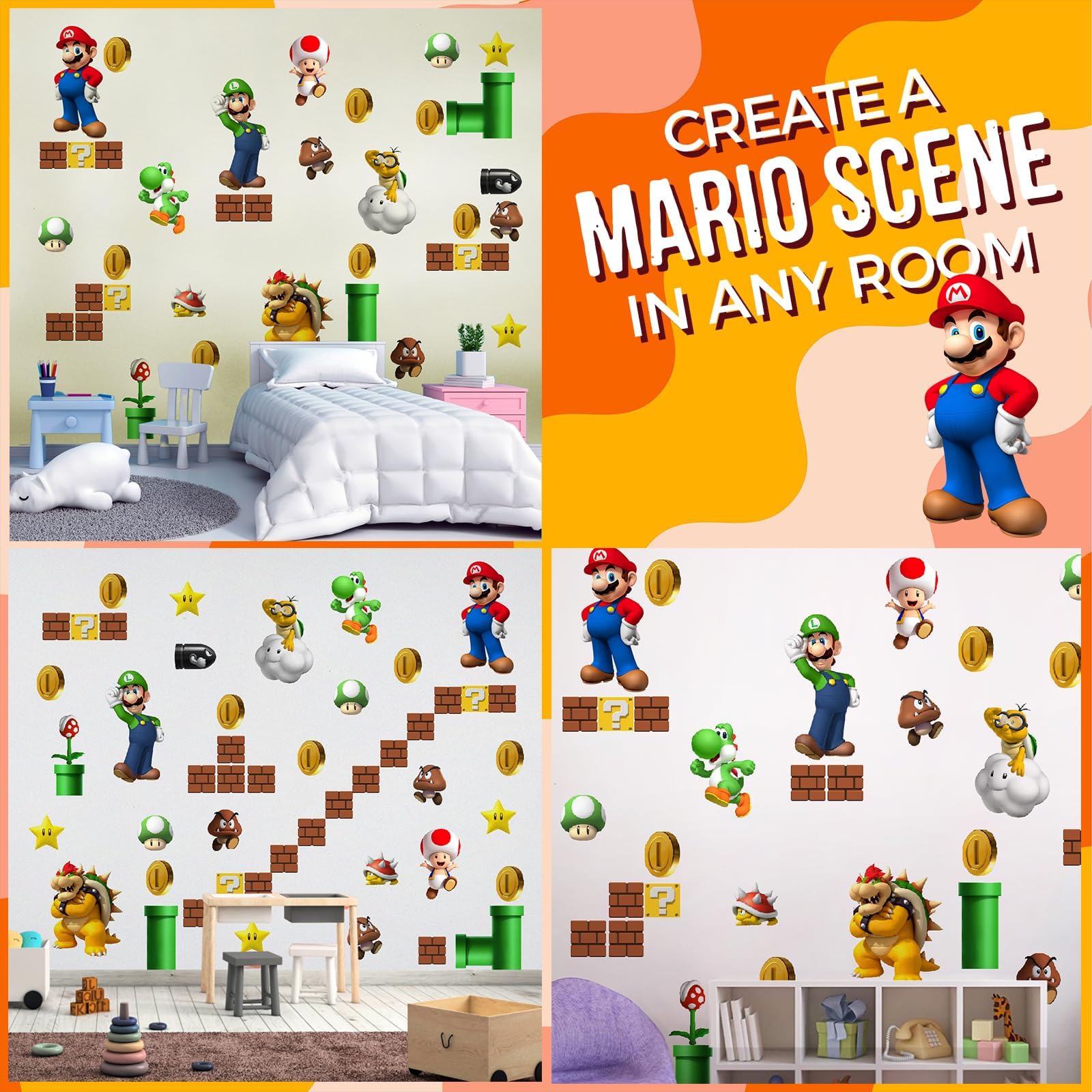 DEKOSH Super Mario Wall Decals - Complete Set of Large Mario Bros Build a Scene Peel & Stick Wall Stickers